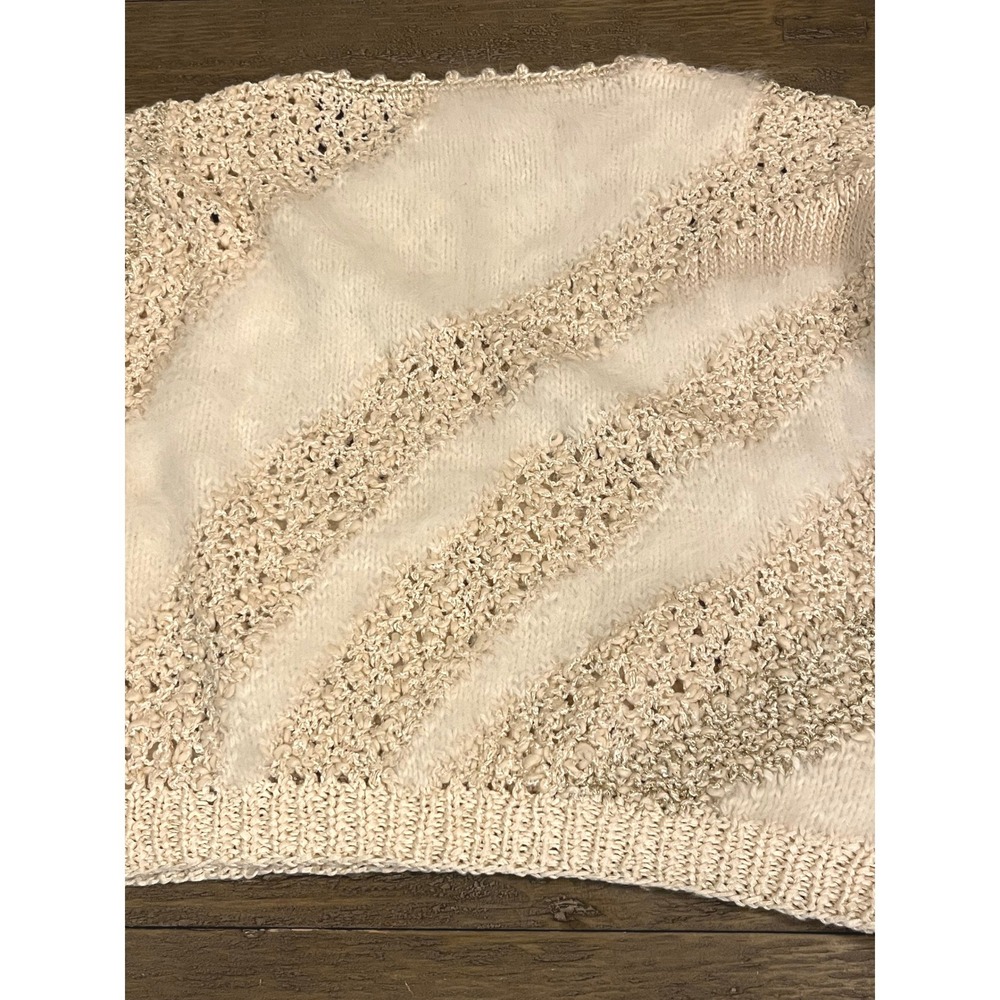 Hand Knitted Cream Gold Metallic Fuzzy Striped Sweater Crop Woolly Weavers Small - Picture 8 of 8